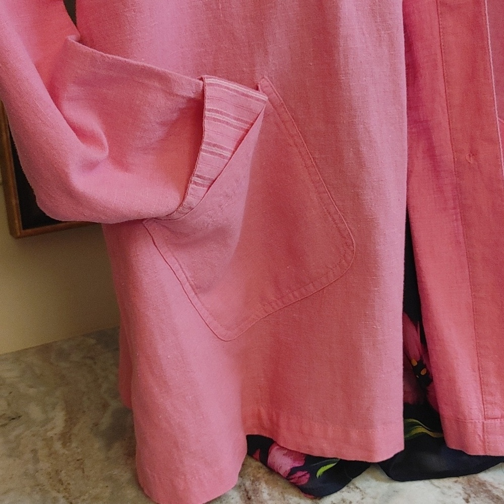 Denim & Co. Pink Oversized Linen Cotton Shirt Patch Pockets Size M - Picture 8 of 15
